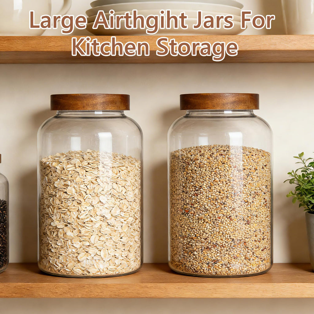 1 Gallon Glass Jars w/Acacia Lids for Flour & Rice Containers 2Pcs