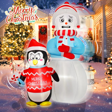6FT Animated Christmas Inflatable Snowman and Penguin with Shivering Effect, LED Lights, Inflatable Shaking Snowman