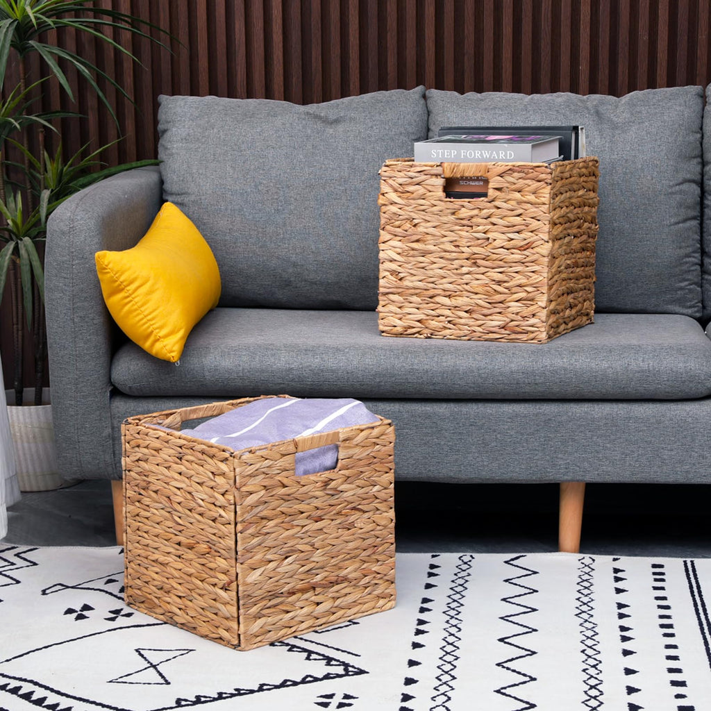12x12x12 Inch Wicker Storage Basket Set of 2 Foldable Hyacinth Storage Box