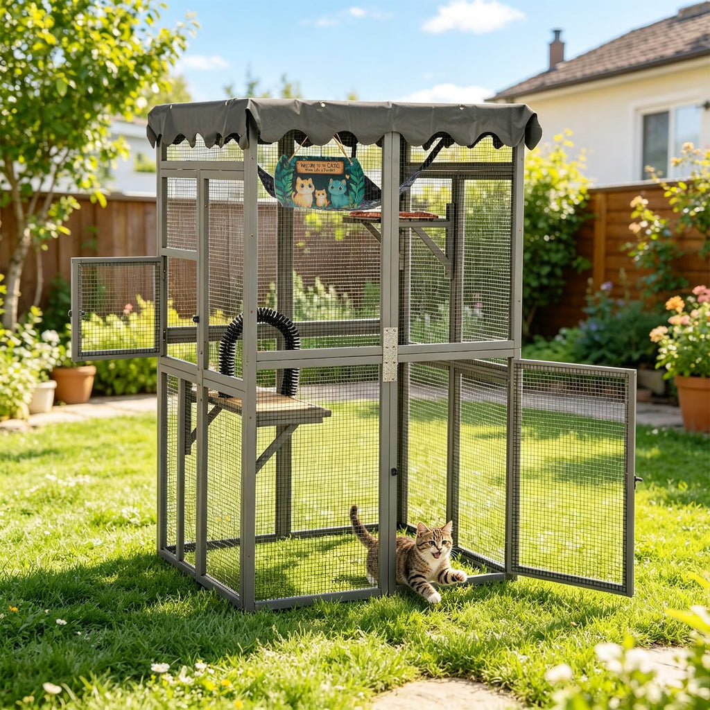 Outdoor Wooden Catio, Weatherproof Cat Enclosure with Window Access