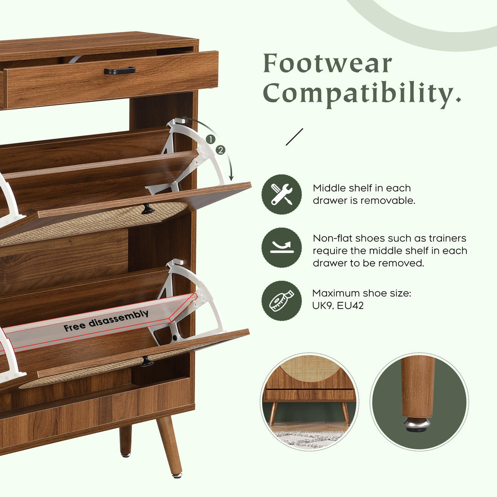 Shoe Rack Storage Organizer with 2 Natural Semi-Circular Rattan Doors, Entryway Wooden Shoe Cabinet for Sneakers