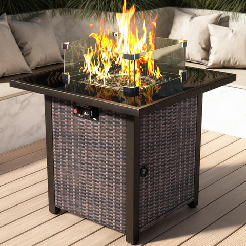 Propane Outdoor Fire Pit Table, 28" Rattan Square Fire Pit Table, Outdoor Gas FirePit W/Glass Wind Guard, Tempered Glass Tabletop, Lid, CSA Listed