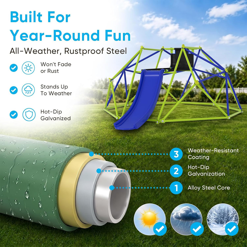 8FT Climbing Dome with Slide, Outdoor for Ages 3-10 | Stable Dome Climber Supports 600LBS, Rust-Resistant Jungle Gym