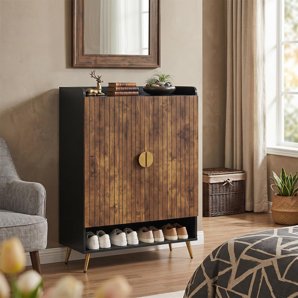 Shoe Storage Cabinet with Doors, Adjustable Shelves, Rustic Brown