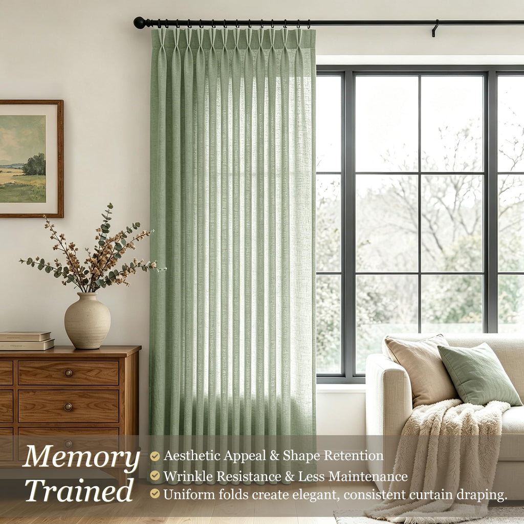 Pinch Pleated Linen Curtains 96 Inches Long 2 Panels Bedroom Light Filtering Semi Sheer Sage Green Drapes Back Tab