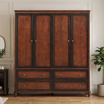 Solid Wood Armoire:4-Door Wardrobe Closet, Vintage Cherry Finish