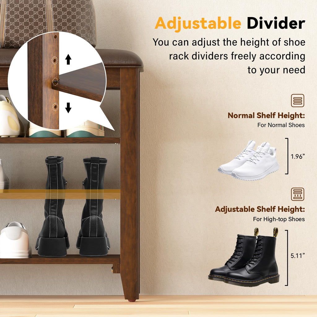 Shoe Bench with 3 Tier Adjustable Shelves Rubberwood Entryway 23.6''