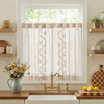 Linen Floral Kitchen Curtains 36 inch Length Embroidered Farmhouse Cafe Curtains for Living Room Bathroom