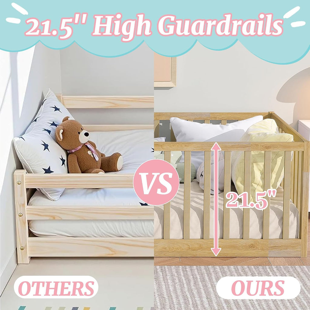 Montessori Floor Bed with High Rails and Slats, Solid Wood Floor Bed Frame with Fence, Low Wooden Kids Beds