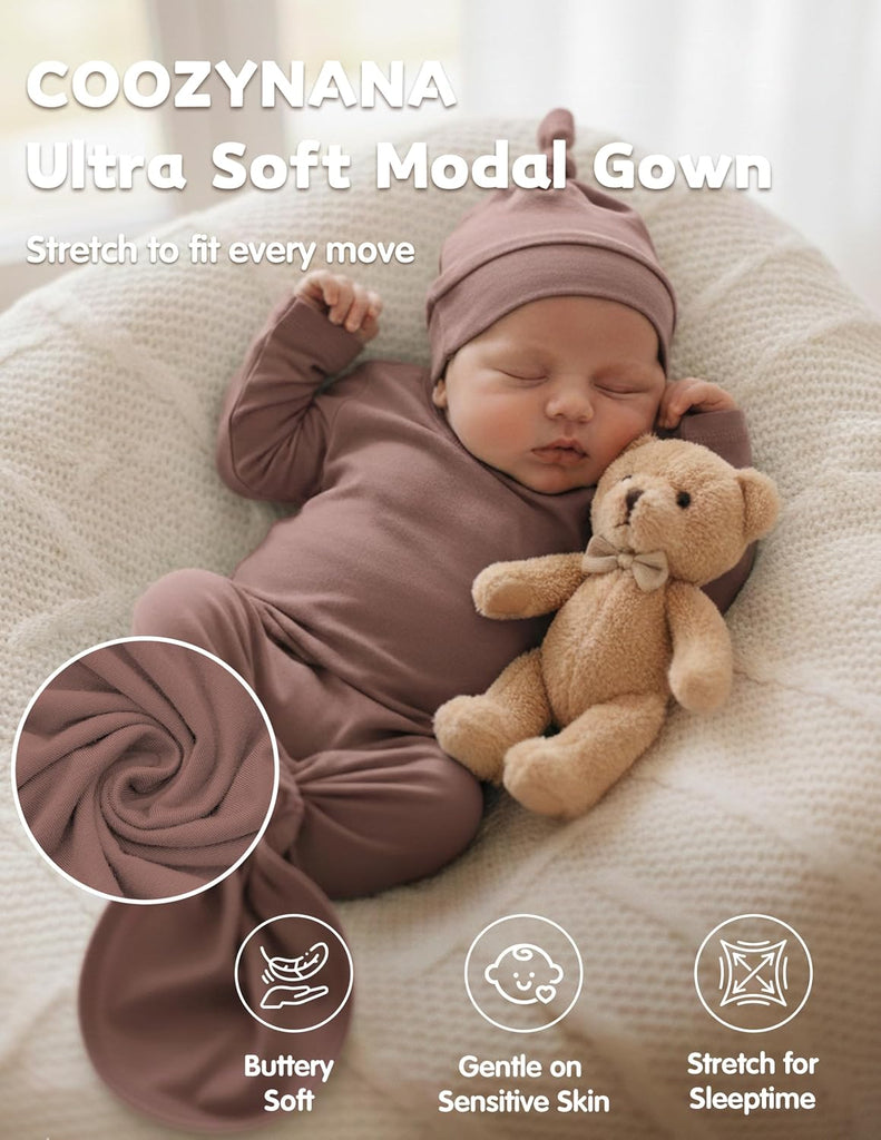 Newborn Knotted Gown 2Pack, Soft Breathable Baby Sleep Gown for Boys Girls, Infant Baby Coming Home Hospital Outfit
