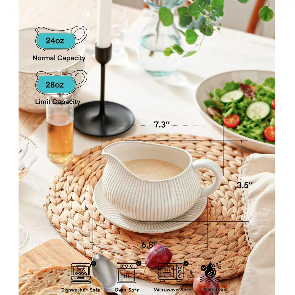 Gravy Boat with Saucer Stand, 24oz Ceramic Sauce Boat, Off-White, Stripes