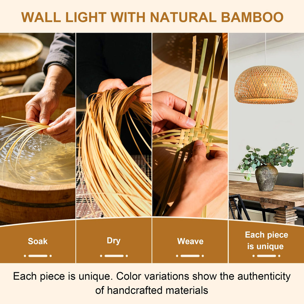Bamboo Wall Sconces Set of Two Plug in, Boho Wall Lamp with Plug in Cord, Farmhouse Wall Light Fixtures