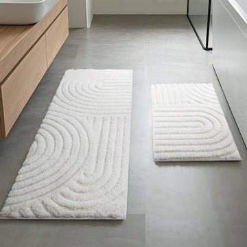Set of 2 Boho Decorative Textured Bathroom Rug Runner, Mid Century Modern Non-Slip Absorbent Soft Bath Mat Set