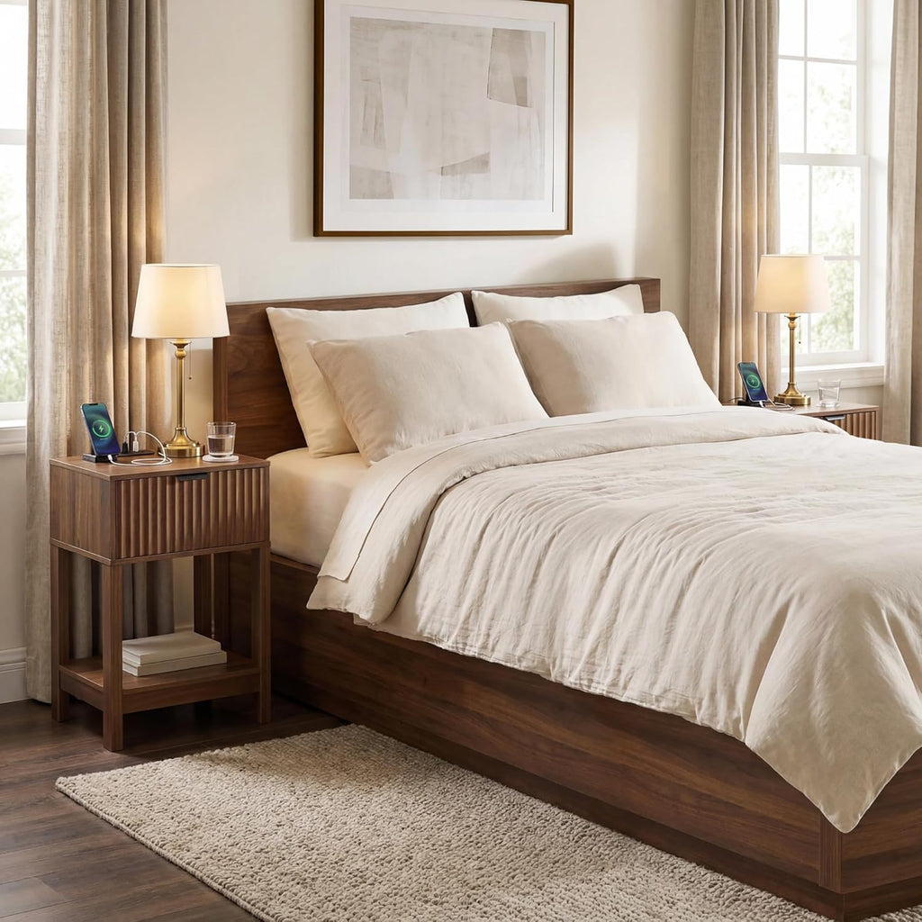 Night Stand Set 2, Fluted Nightstand with Charging Station, Wood Bedside Table with Drawer & Storage Shelf, Modern