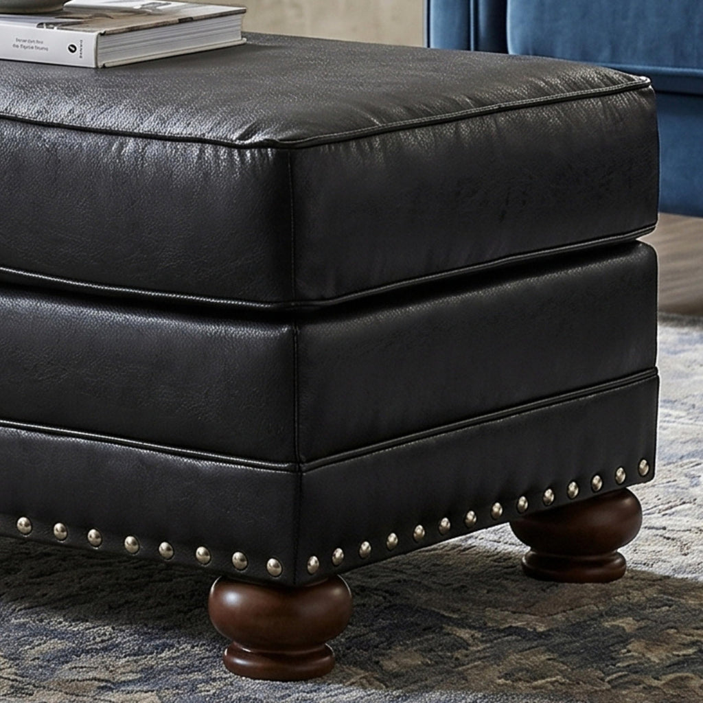 Leinster Faux Leather Upholstered Nailhead Cocktail Ottoman, Black