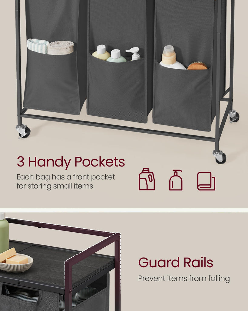Laundry Sorter 3 Section, Rolling Cart with Shelf 43.5 Gal. (165 L)