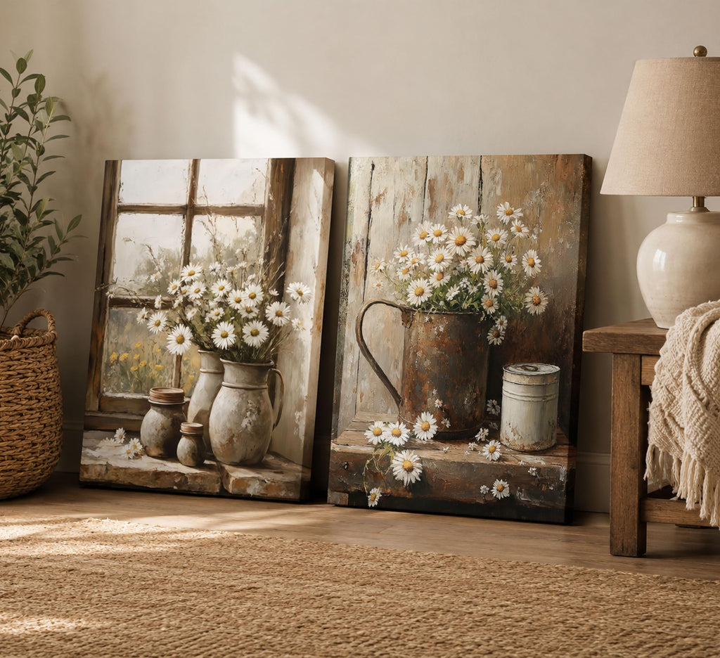 2Pcs Farmhouse Daisy Wall Art Country Bathroom Wall Decor