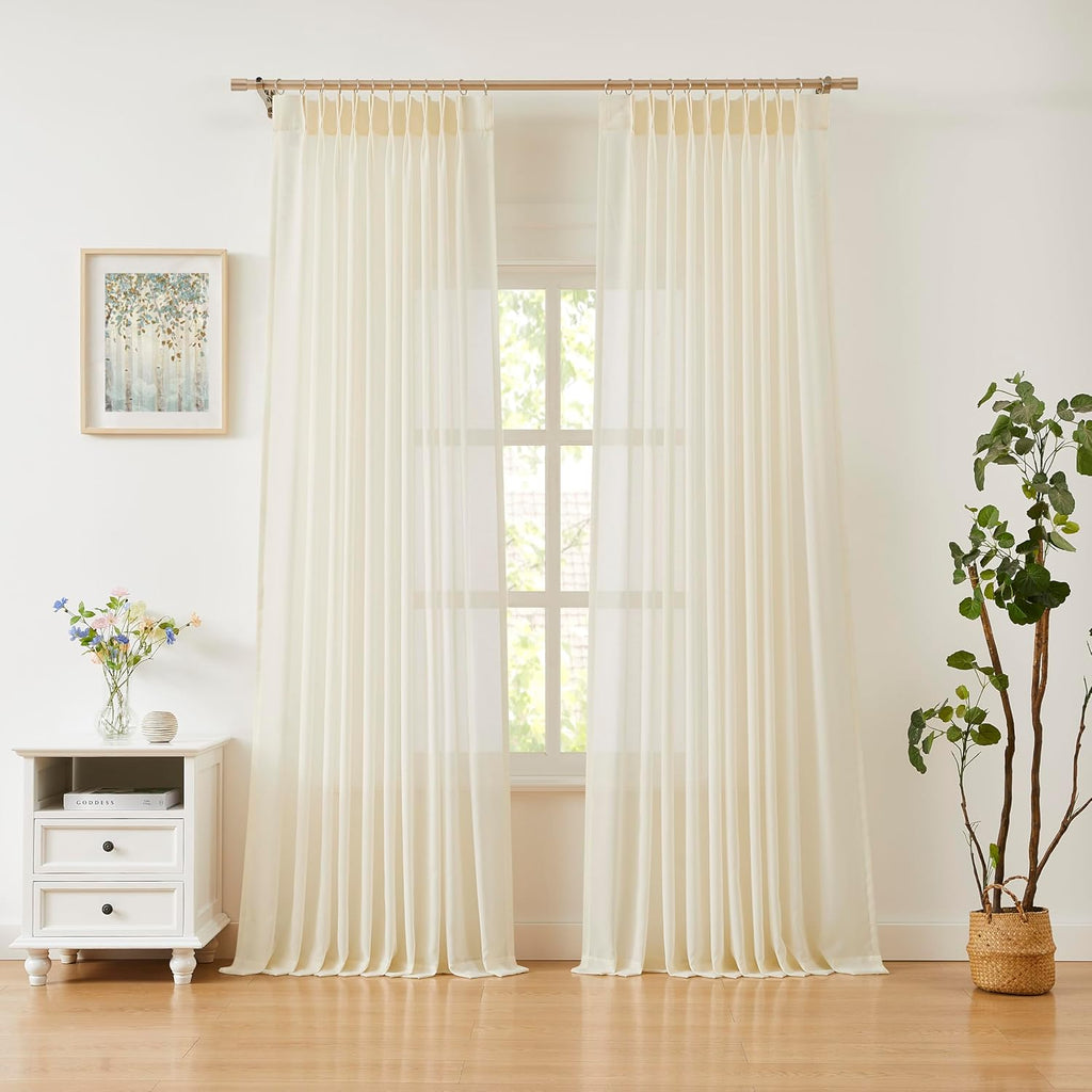 Cream Pinch Pleat Sheer Window Curtains 90 Inches Long,Egret Ivory Soft Farmhouse Drapes for Bedroom Living Room