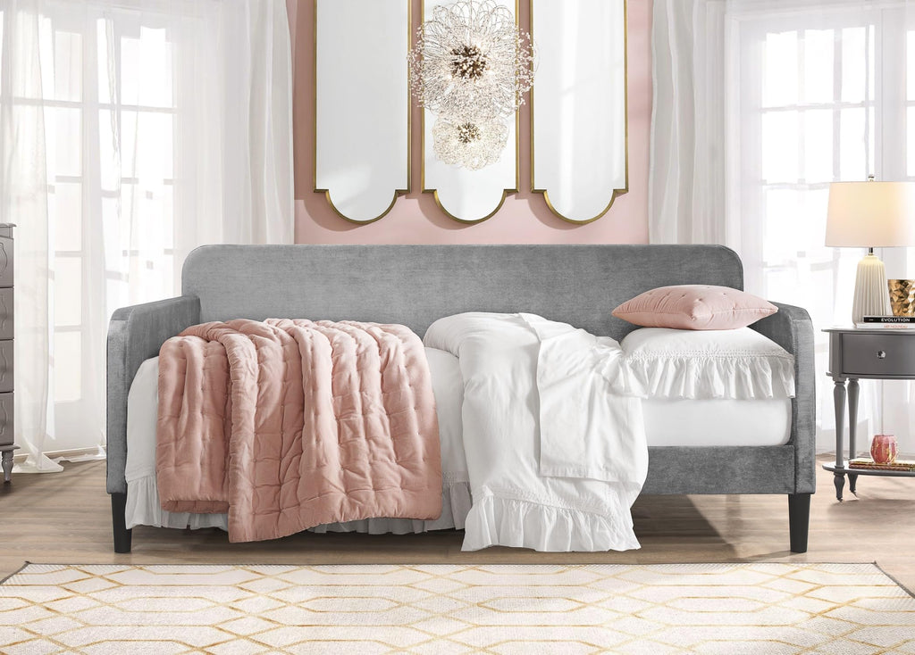 Savannah Twin Daybed, Velvet Upholstery, Clean Lines, Rounded Track Arms, Slim Wooden Feet, Full Slat System, Silver