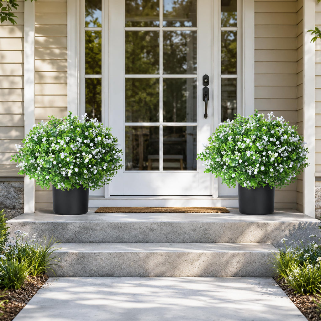 Fake Plants Artificial Flowers for Outdoors Decor, 2 Pack Fake Potted Plants Baby Breath With Green Eucalyptus Look