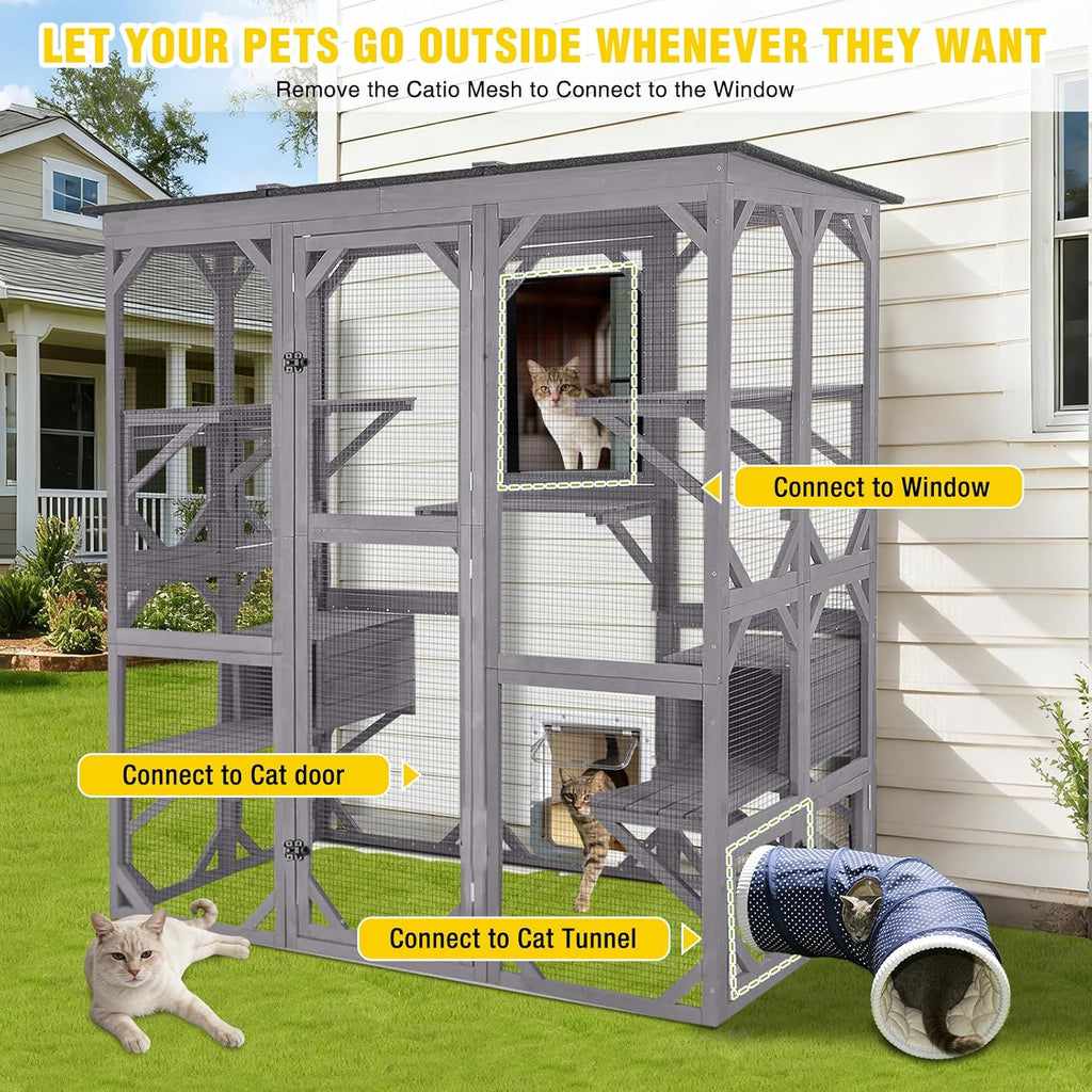 Catio Outdoor Cat Enclosure with 7 Platforms, 2 Resting Boxes, Large Window Cat House for 6-8 Mulitiple Cats Walk
