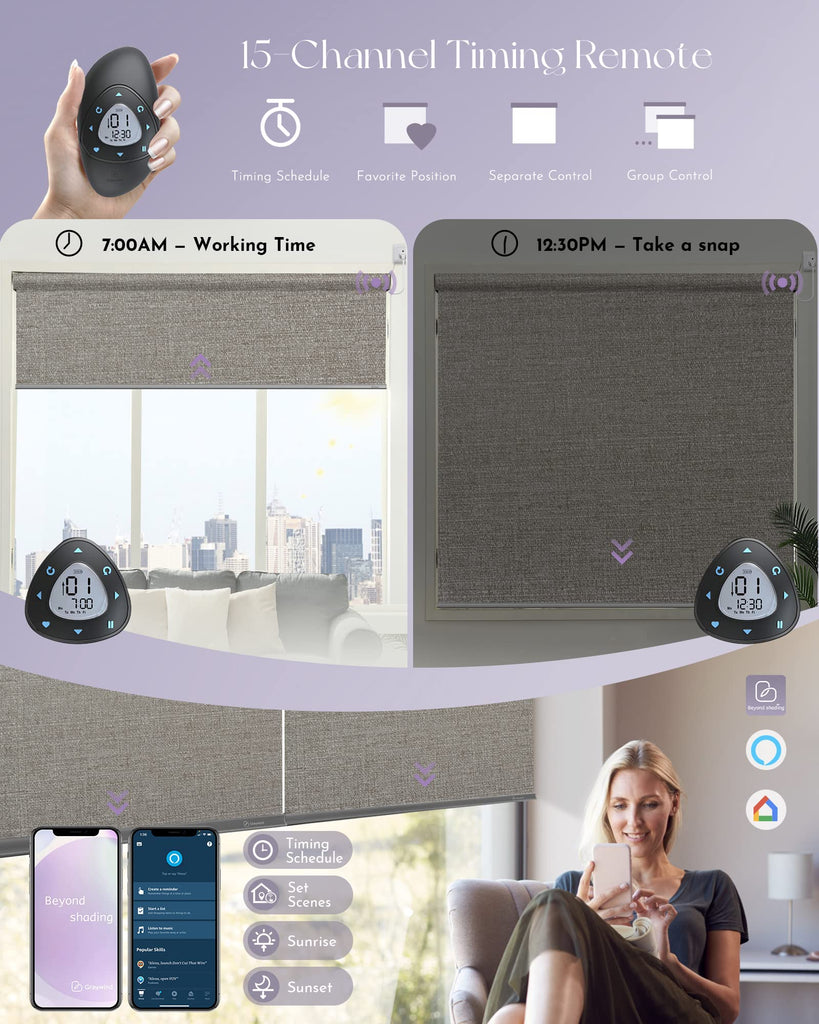 Motorized Shades 100% Blackout Compatible with Alexa Google WiFi Hardwired Smart Roller Shade Remote Control