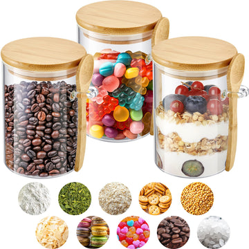 3 Pack Glass Sugar Jars with Bamboo Lid and Spoon, 17 oz