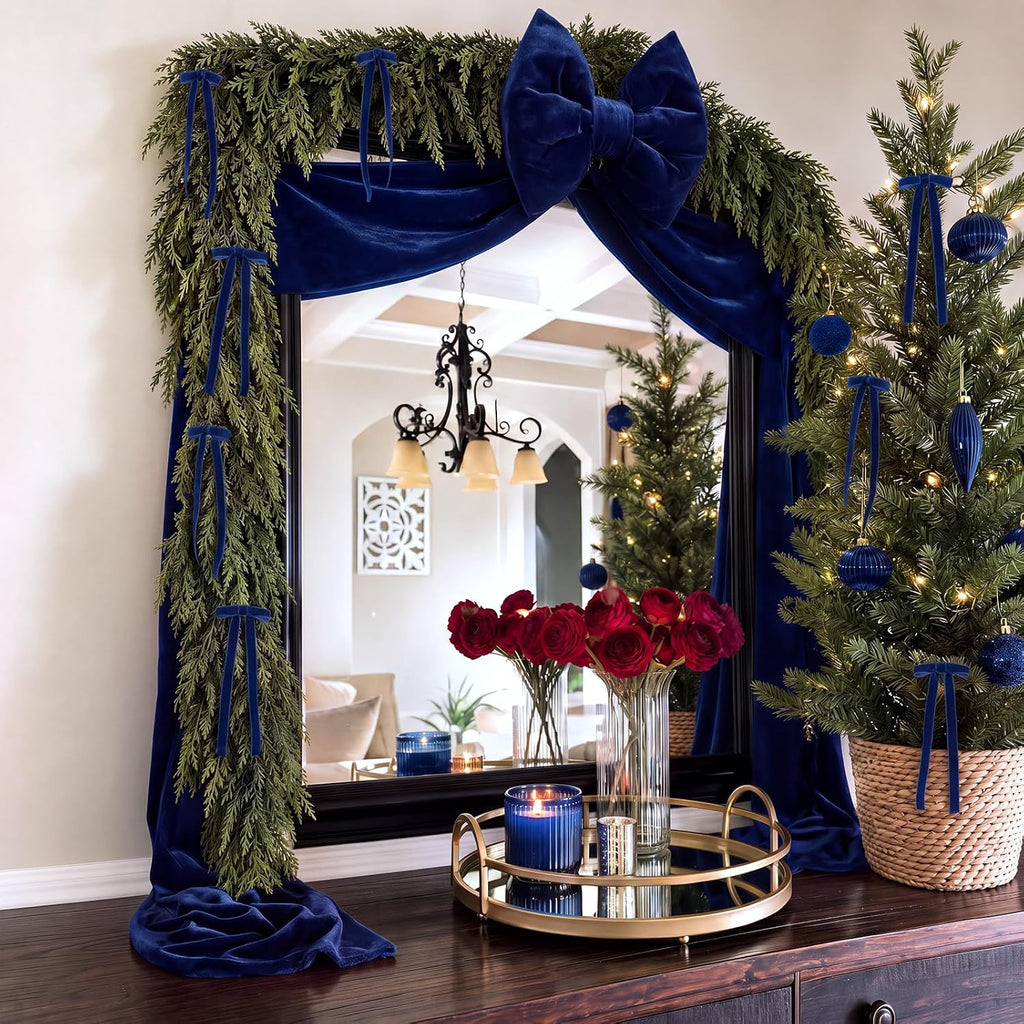 8.2ft Large Navy Blue Velvet Bow Christmas Tree Topper, 12pcs Ribbon Bows