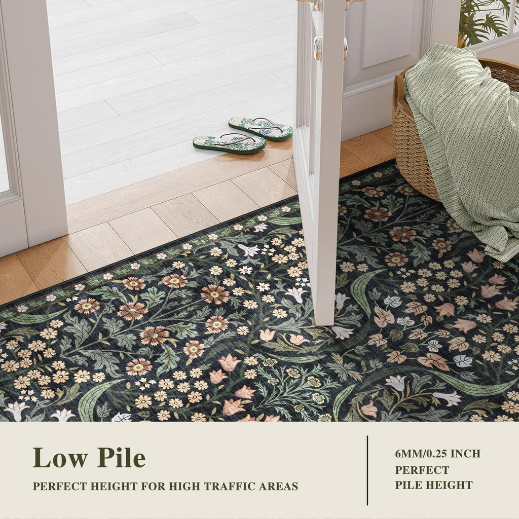 Washable Runner Rug Black Boho Floral Kitchen Bedroom