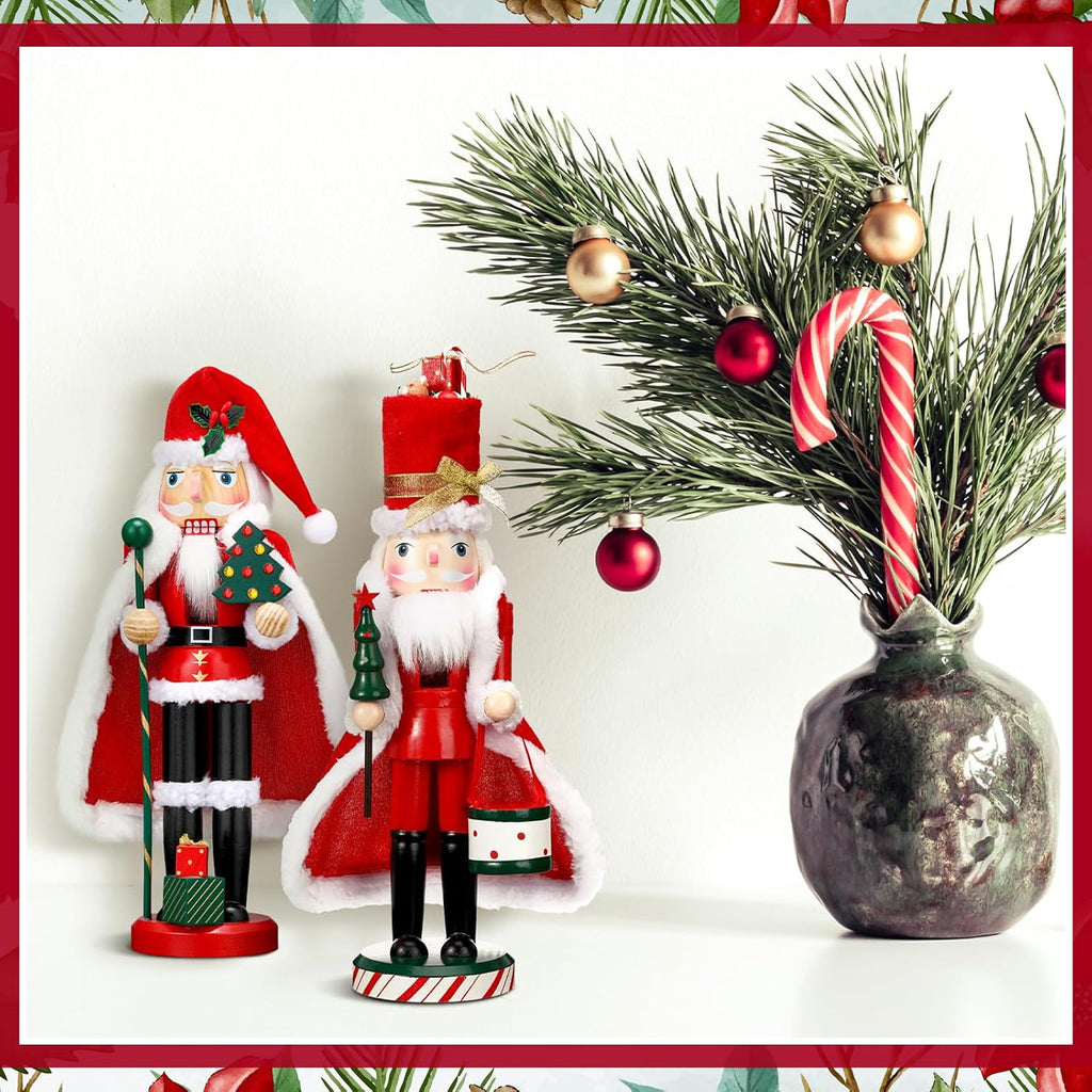 2 Pcs 14" Christmas Nutcrackers, Wooden Red Green White Santa Figures