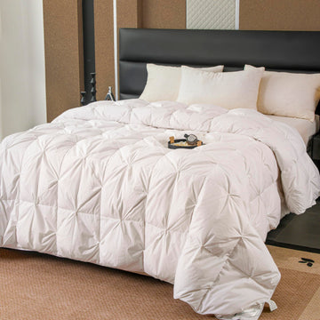 Pinch Pleat Down Feather Comforter, All Season Medium Warmth Ultra-Soft 750 Fill-Power White Bedding Down Feathers