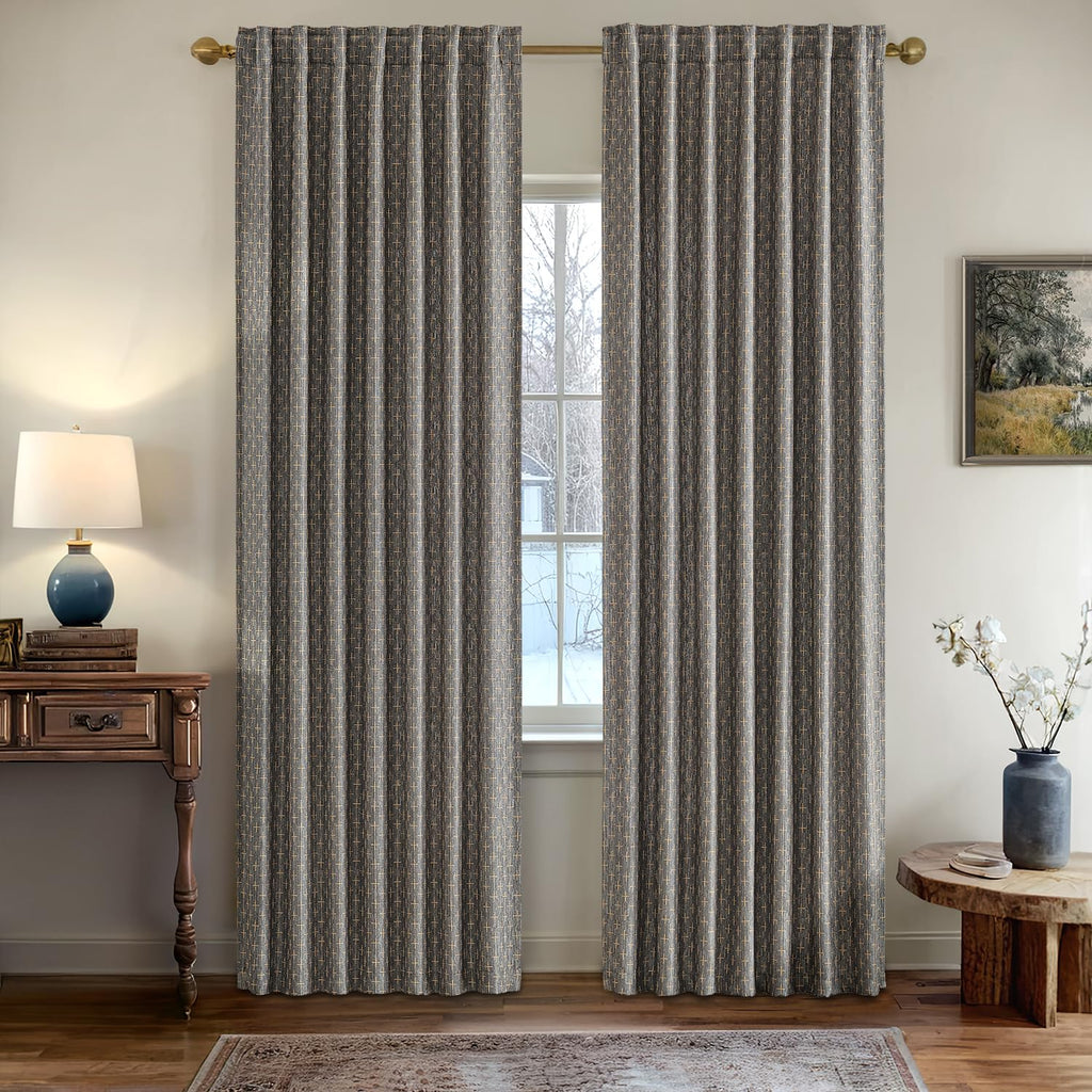 Patterned Farmhouse Linen Curtains, Back Tab, 52Wx84L, Dark Grey