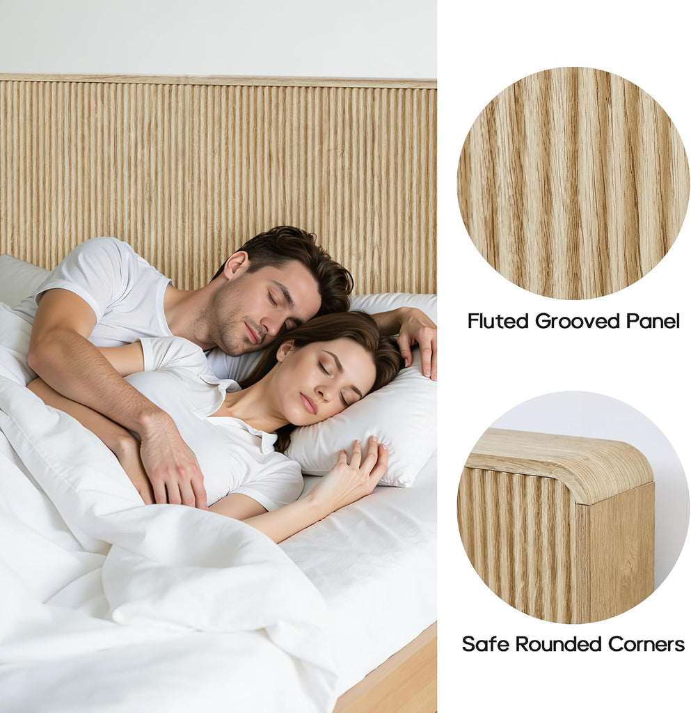Wood Fluted Headboard King, Modern Wall Mounted Headboard King Headboard Only with 2 Outlets and USB & Type C Port
