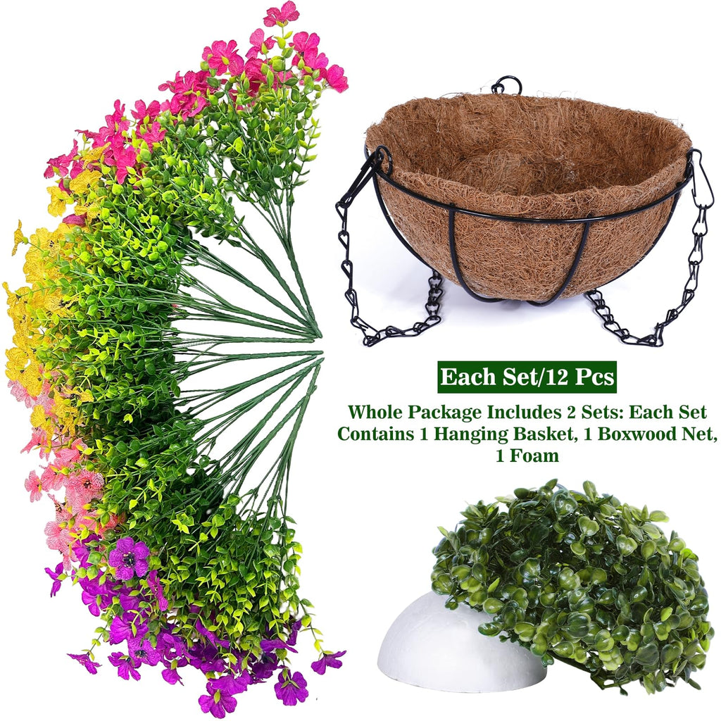 2 Sets Artificial Hanging Plants Flowers Basket Outdoor, Fake Hanging Plants 24 Pcs Flowers for Porch Patio Garden