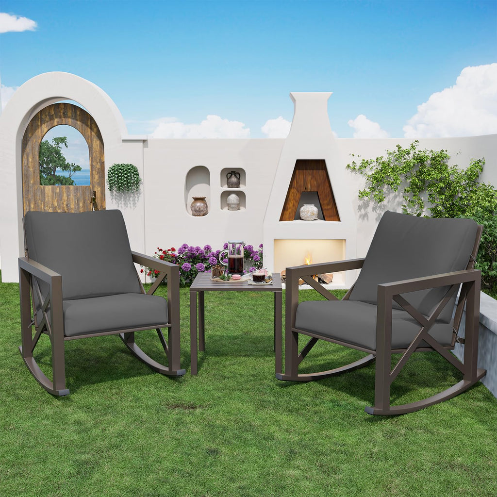 Outdoor Rocking Bistro Set, Patio Chairs Set of 2 with Coffee Table, Gray