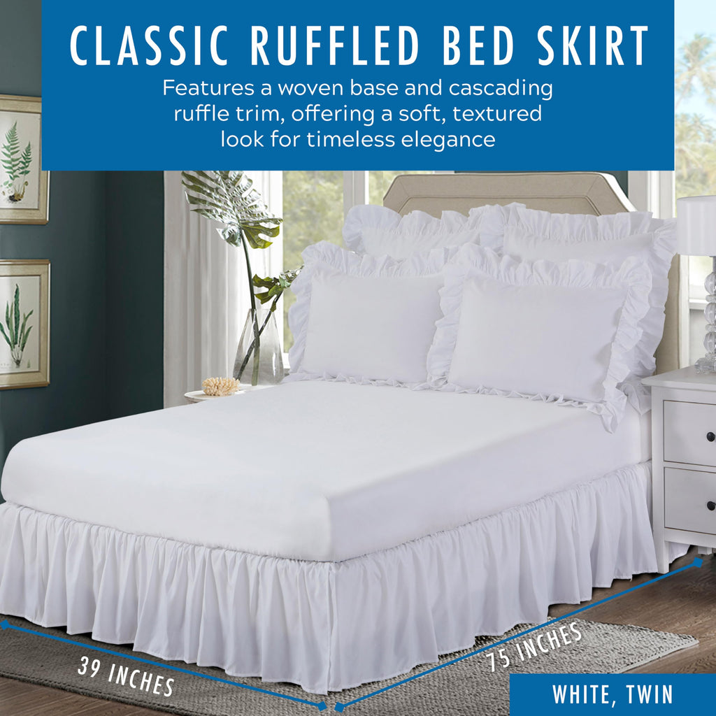 Ideas Bedding Ruffled Bed Skirt, Classic 14" Drop Length, Gathered Styling, Twin, White FRE30114WHIT01