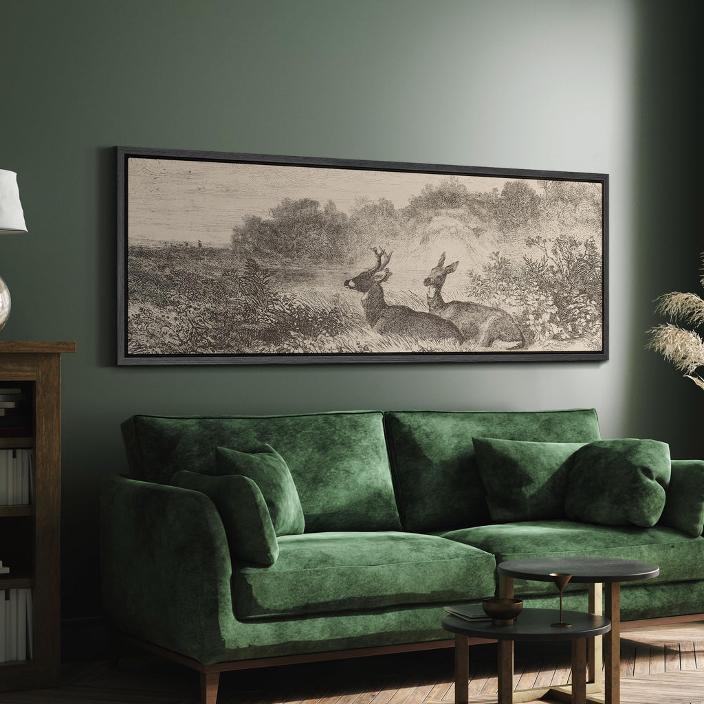 Large Framed Canvas Vintage Deer Meadow Landscape Illustrations Modern Art Calm Warm - 60"" x20