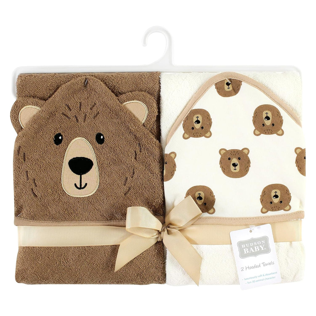 Unisex Baby Cotton Poly Animal Face Hooded Towel, Brown Bear Pack, One Size