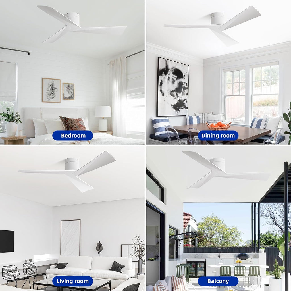 52" Low-Profile Modern Ceiling Fan with Remote – White Geometric Blades, 3-Blade, DC Motor, No Light