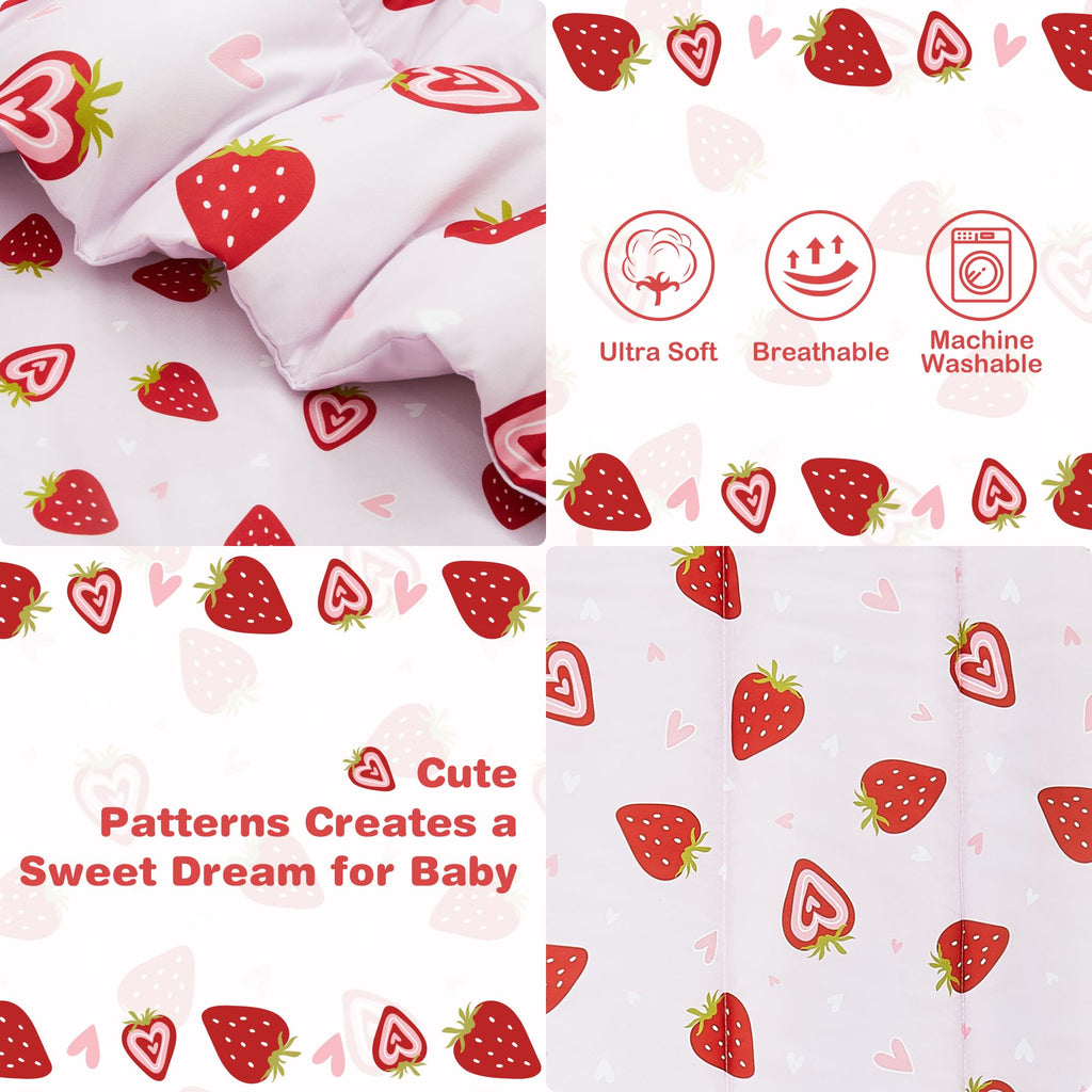 Toddler Bedding Set, 4 Piece Bed-in-a-Bag Toddler Bed Comforter Sets for Girls, Toddler Bed Set, Prink Strawberry