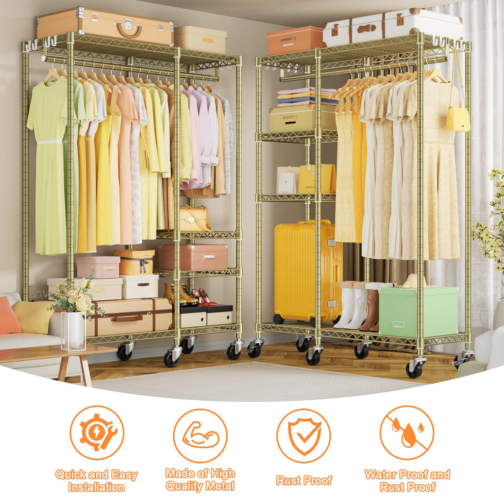 F4R Heavy Duty Clothes Rack(With Lockable Wheels )Rolling Clothing Racks for Hanging Clothes, Adjustable Closet