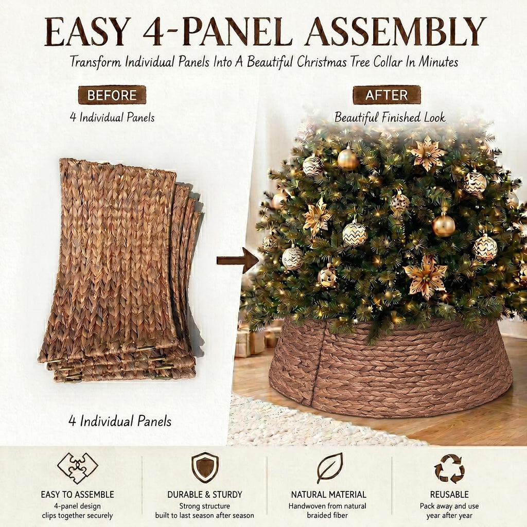 24 Inch Tree Collar Brown, Handwoven Water Hyacinth Christmas Tree Collar for Artificial Trees, Rustic Boho Basket