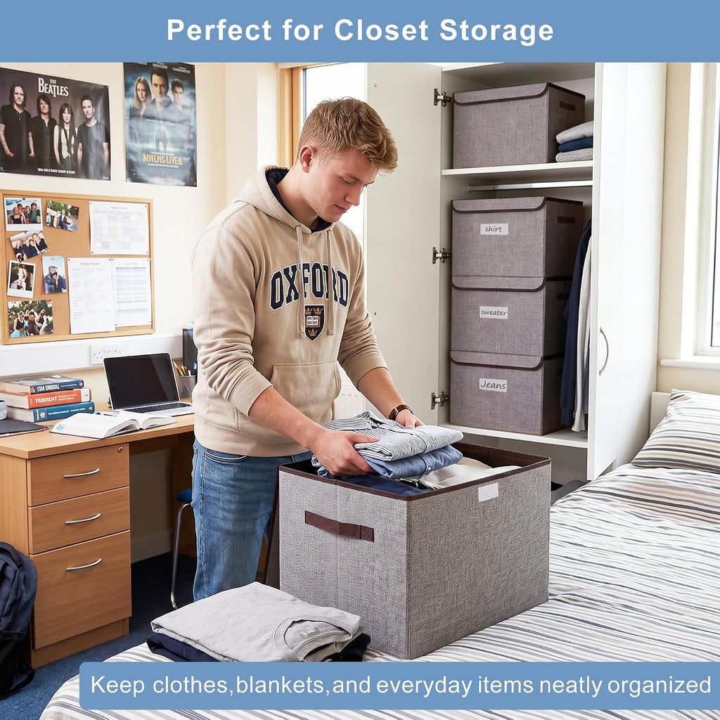Large 42 Quarts Fabric Storage Bins with Lids [2-Pack] Linen Collapsible Foldable Storage Cubes, Closet Organizer