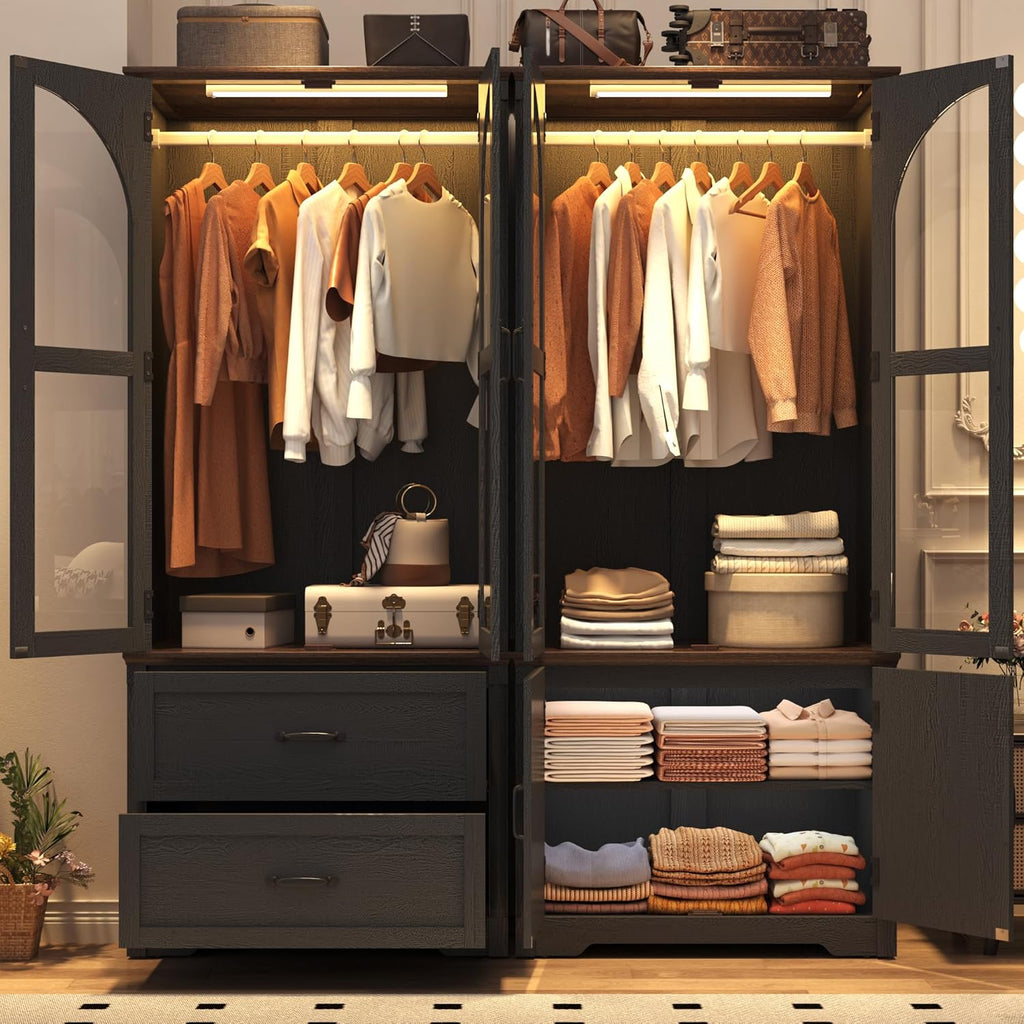 Tall Farmhouse 4 Doors Armoire Wardrobe Closet with LED ,72" Freestanding Arched Wardrobe Closet Cabinet w Glass