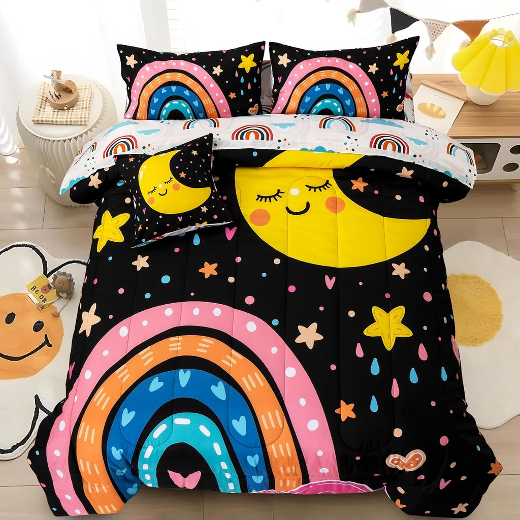 5 Piece Black Rainbow Comforter Set for Girls Boys Kids, Cartoon Cute Moon Stars Bedding Set, Bed in a Bag with Comforter, Sheets and Pillowcases,Twin