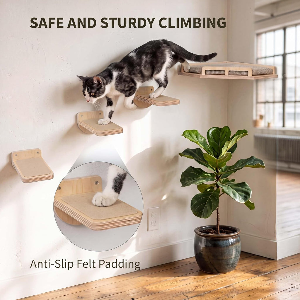 Wall Mounted Cat Shelves Bed Set Wooden Climbing Perch for Indoor Cats