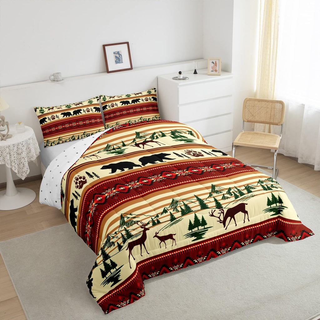 Bohemian Deer Bedding Sets King Bear Wildlife Hunting Theme Comforter Cabin Decor Boho Western Duvet Insert for Adult