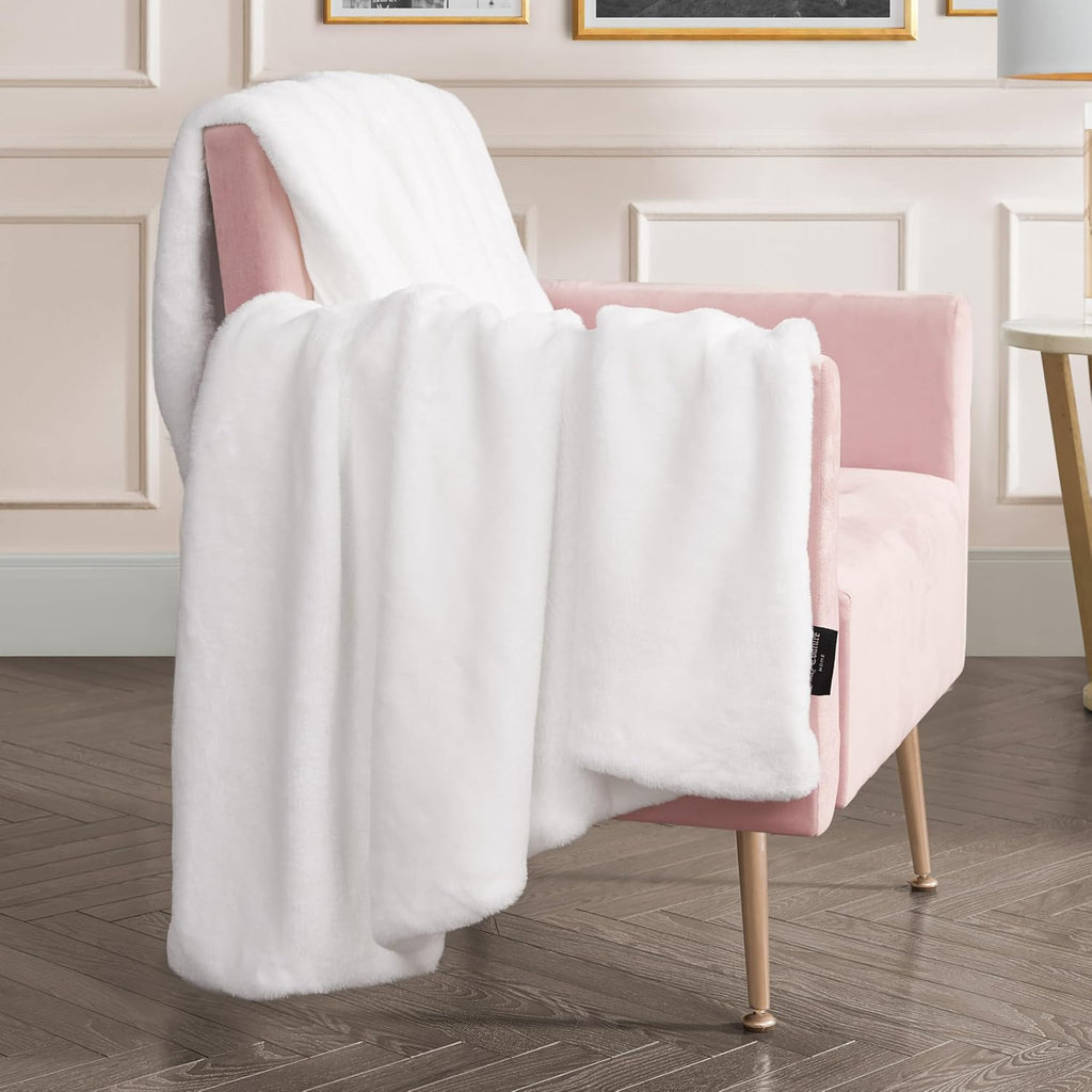 White Solid Rabbit Mink Faux Fur Throw Blanket - 50"X70" - Plush Faux Fur Blanket for Sofa or Bed