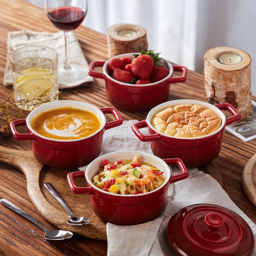 Mini Cocotte 12oz Ceramic Casserole Dish Set with Lid, Red