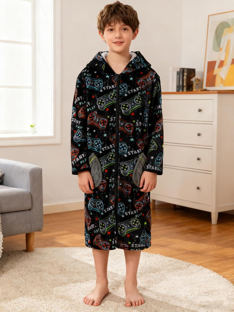 Boys Robe Kids Zip Hooded Soft Bathrobe
